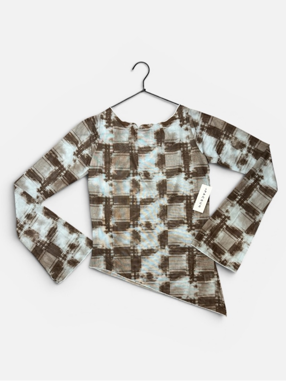 PacSun Brown and Light Blue Gretchen Mesh Printed Boat Neck Long Sleeve Top